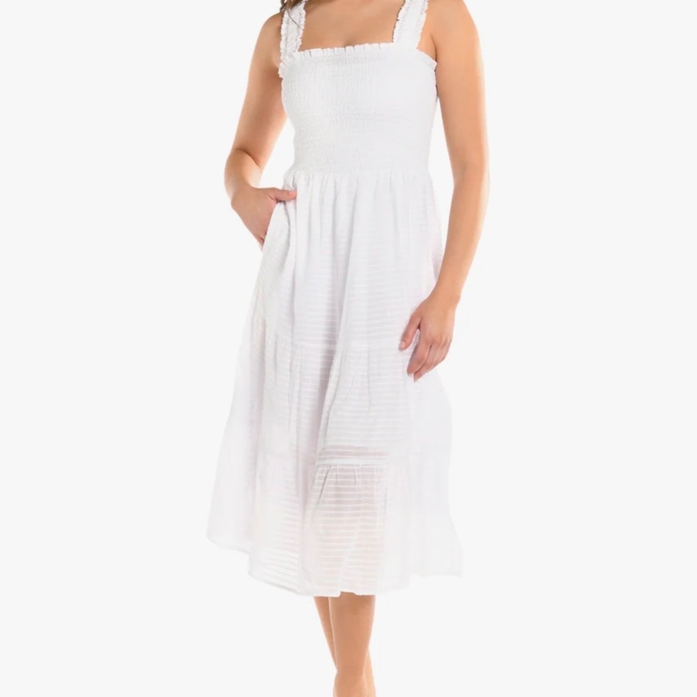 La Blanca Shadow Stripe White‎ Smocked Tiered Midi Dress Ruffle Straps Small